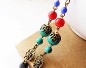 Long Eclectic Bohemian Earrings, Gypsy, Turquoise, Red Riverstone, Glass, Antique Gold