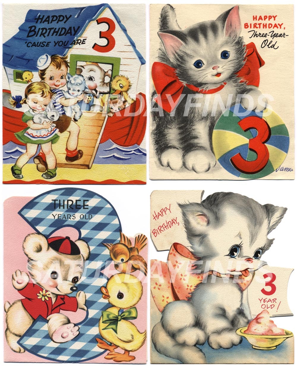 Happy Birthday 3 Year Old No. 2 (of 3) Vintage Greeting Cards - Digital Collage Sheet INSTANT DOWNLOAD