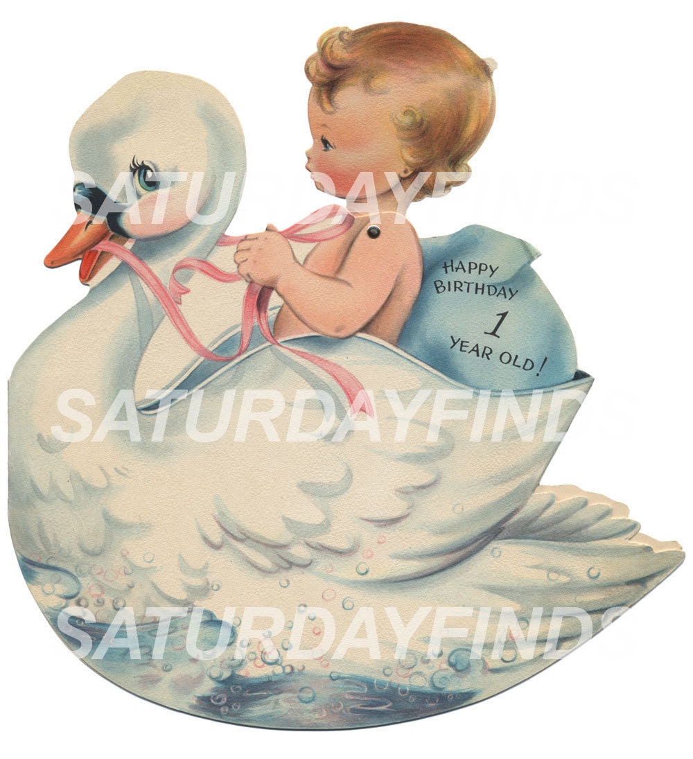 Vintage Greeting Card Vintage Birthday Baby & Swan Single Cut Out  No. 8  (of 10) Vintage Greeting Cards -Instant Download
