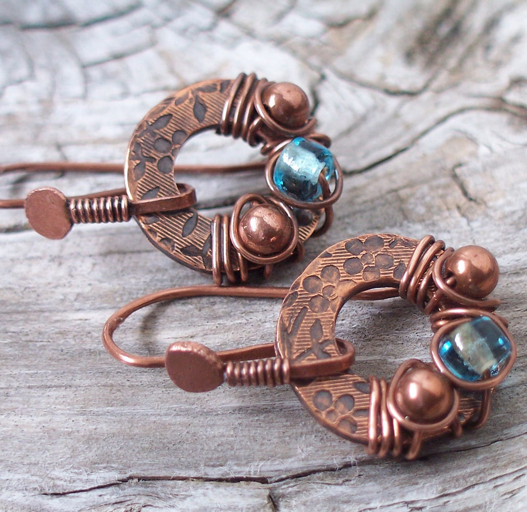 Earrings Copper Aqua Glass with Floral Stamping
