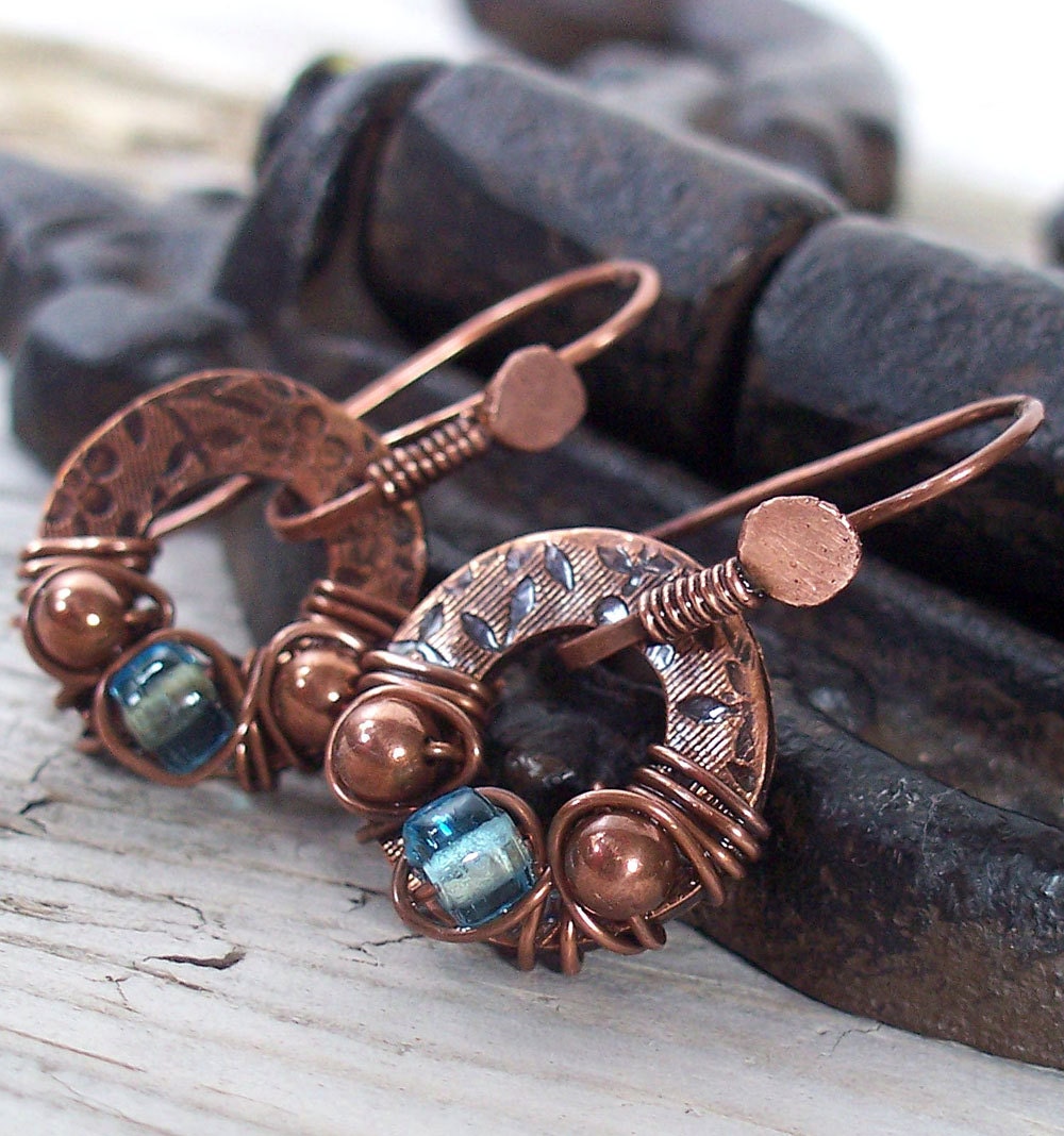 Earrings Copper Aqua Glass with Floral Stamping