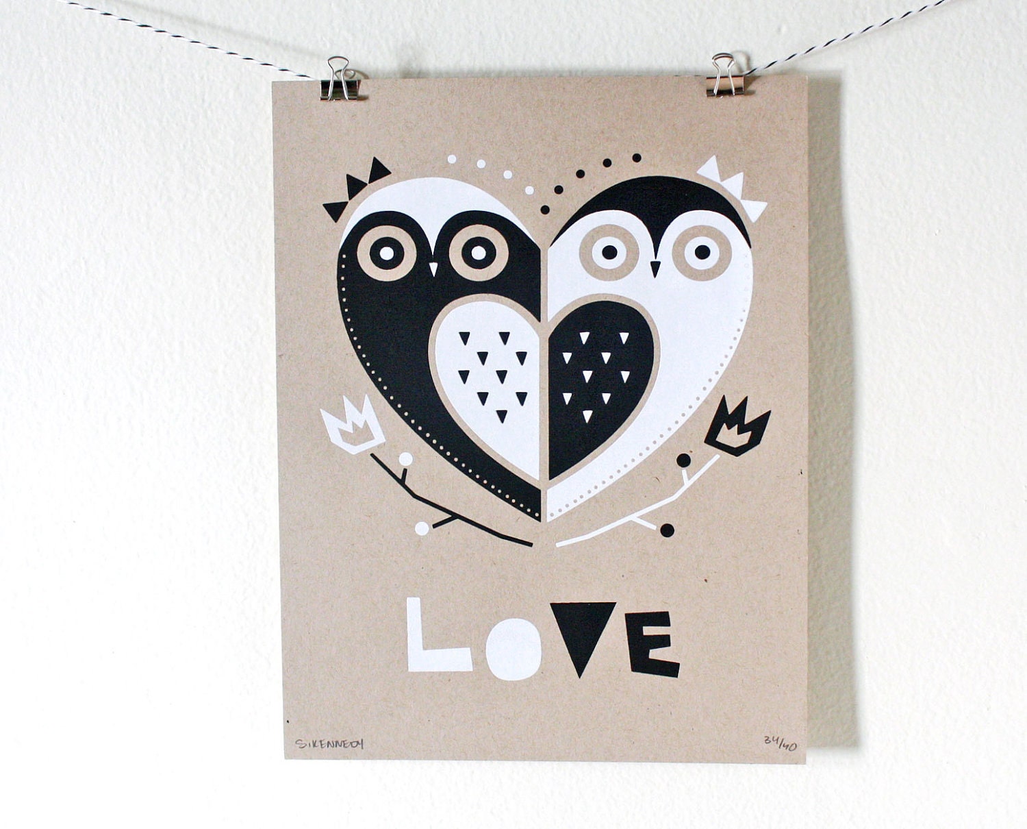Owl Love Screenprint, Silkscreen, Nursery Art, Kraft
