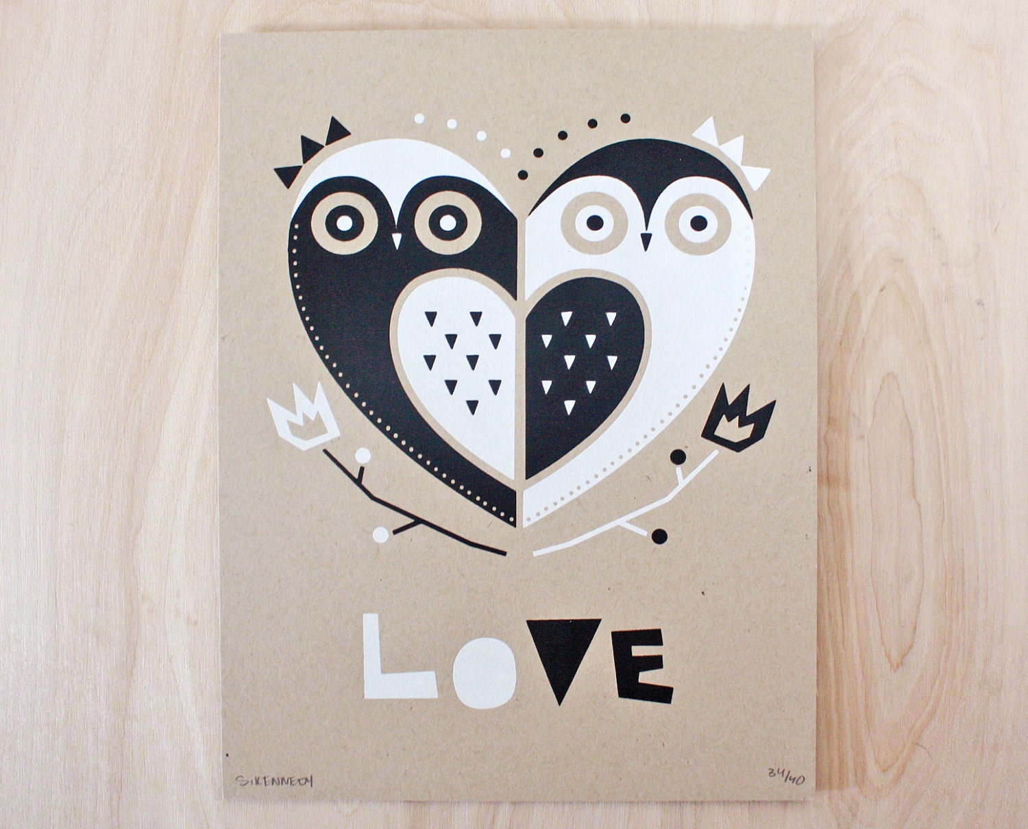 Owl Love Screenprint, Silkscreen, Nursery Art, Kraft