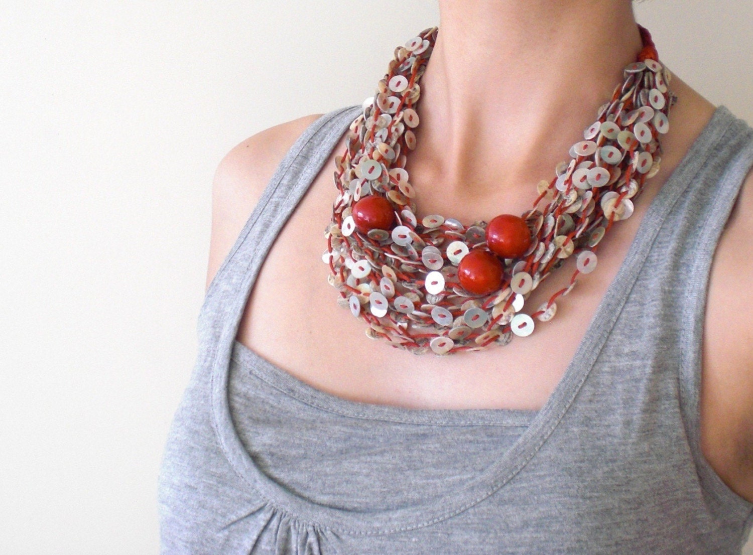 Bubbles Necklace of Mother of Pearl Buttons RED