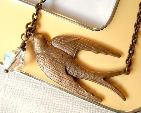 Bird Necklace, Swallow Necklace, Flying Brass Bird, Jewelry, Wedding Jewelry