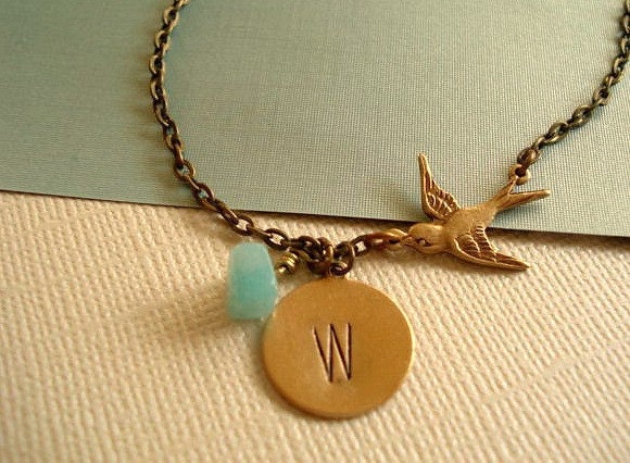 Bird Necklace Personalized Necklace Pendant Engraved Charm with Aqua Quartz Stone Jewelry