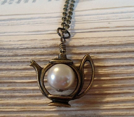 Teapot Necklace  Alice's teapot Pearl Necklace Brass Charm Whimsical Jewelry Alice In Wonderland
