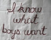 What Boys Want, embroidered art, sex, sexy, lust, white cat, bedroom decor, hand embroidery,