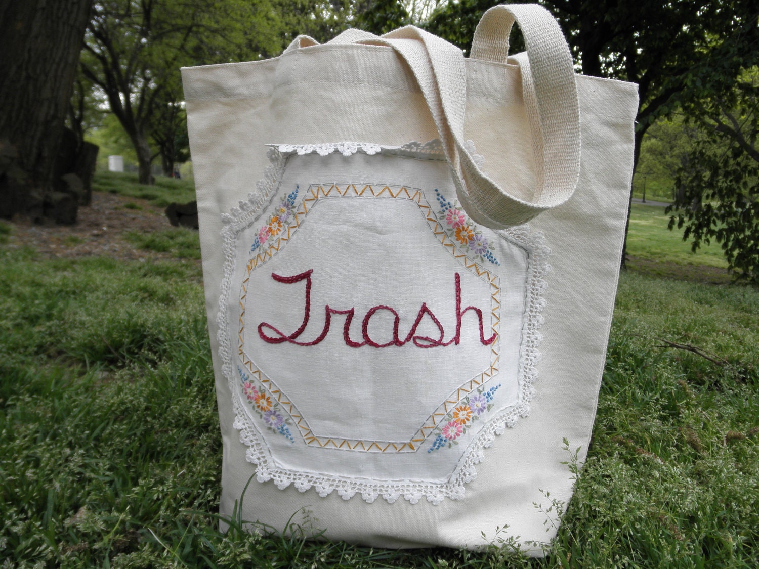 Trash Bag hand embroidered market tote, eco friendly
