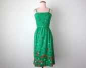 70s dress / strawberry hearts print green sundress (xs - s)