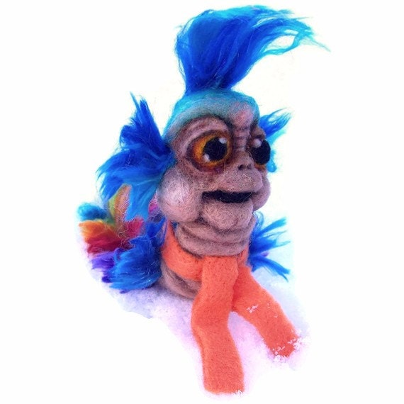 OOAK Rainbow Gobstopper Goblin and Labyrinth Worm Needle Felted Soft Sculpture Wool Fantasy Art Doll Plush-SOLD