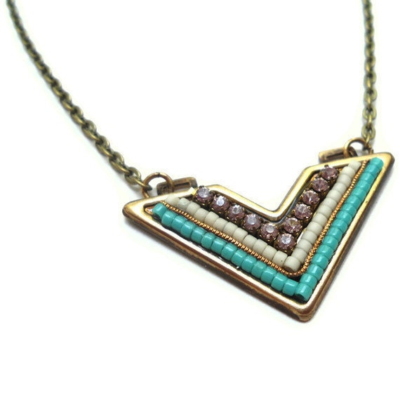 Necklace, Chevron, Tribal, Aqua, Purple, Pendant, Beadwork