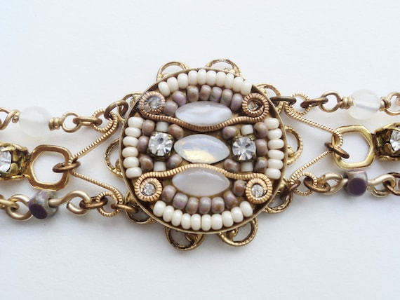 Bracelet, White, Cuff, Bridal, Wedding, Rhinestone, Moonstone, Mosaic, Mauve, Tribal, Native Inspired