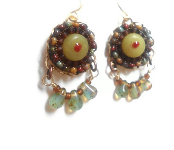 Earrings, Mosaic, Tribal, Resin, Seed Bead