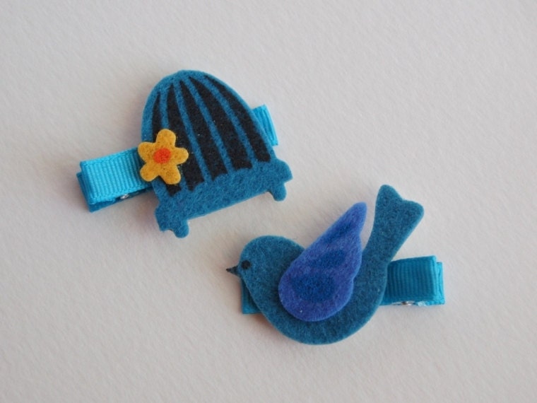 Set of 2 Blue Bird and Cage Hairclips