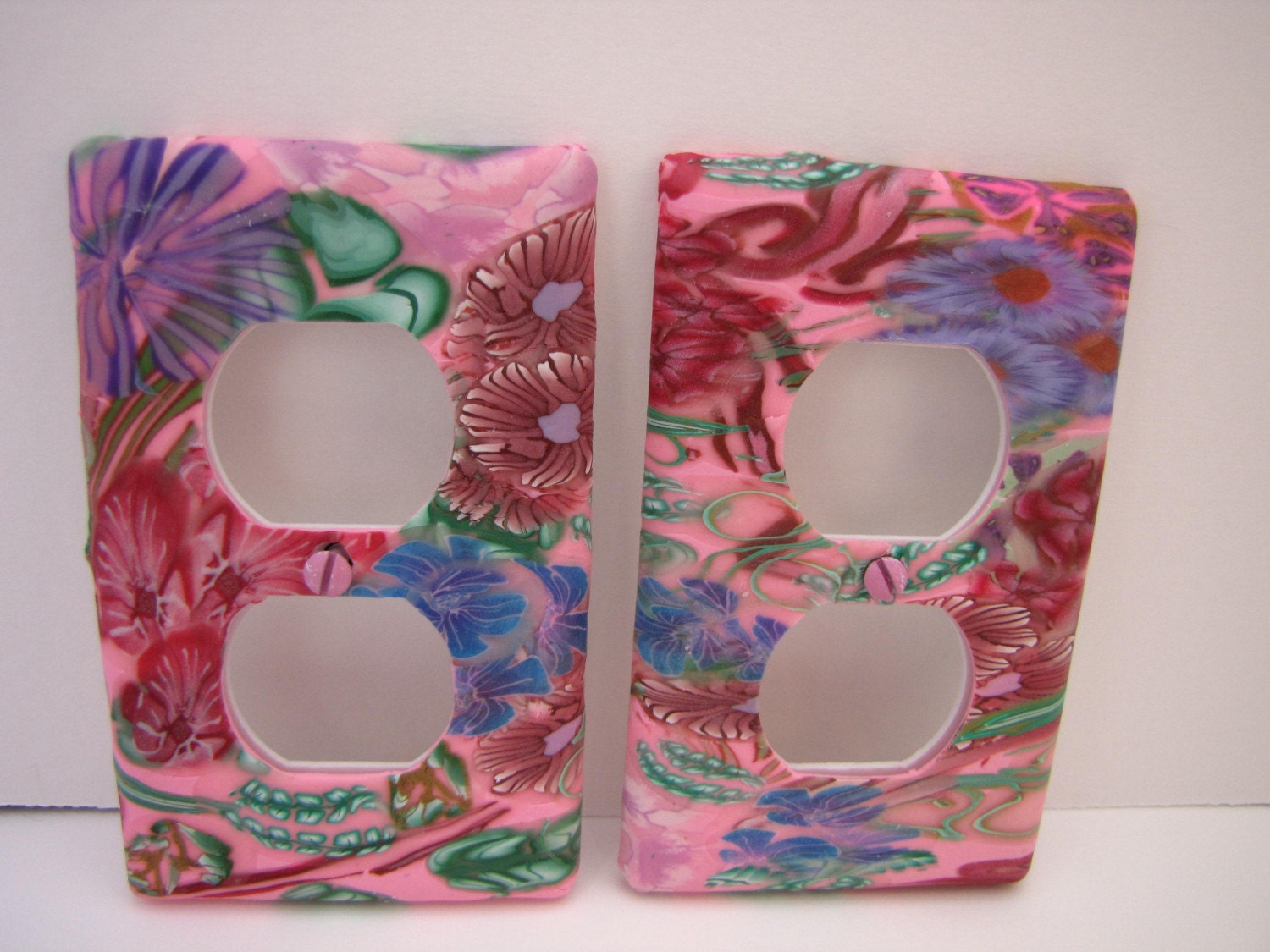 Electric Outlet Plate in Pink with Blue, Red and Lavender Flowers