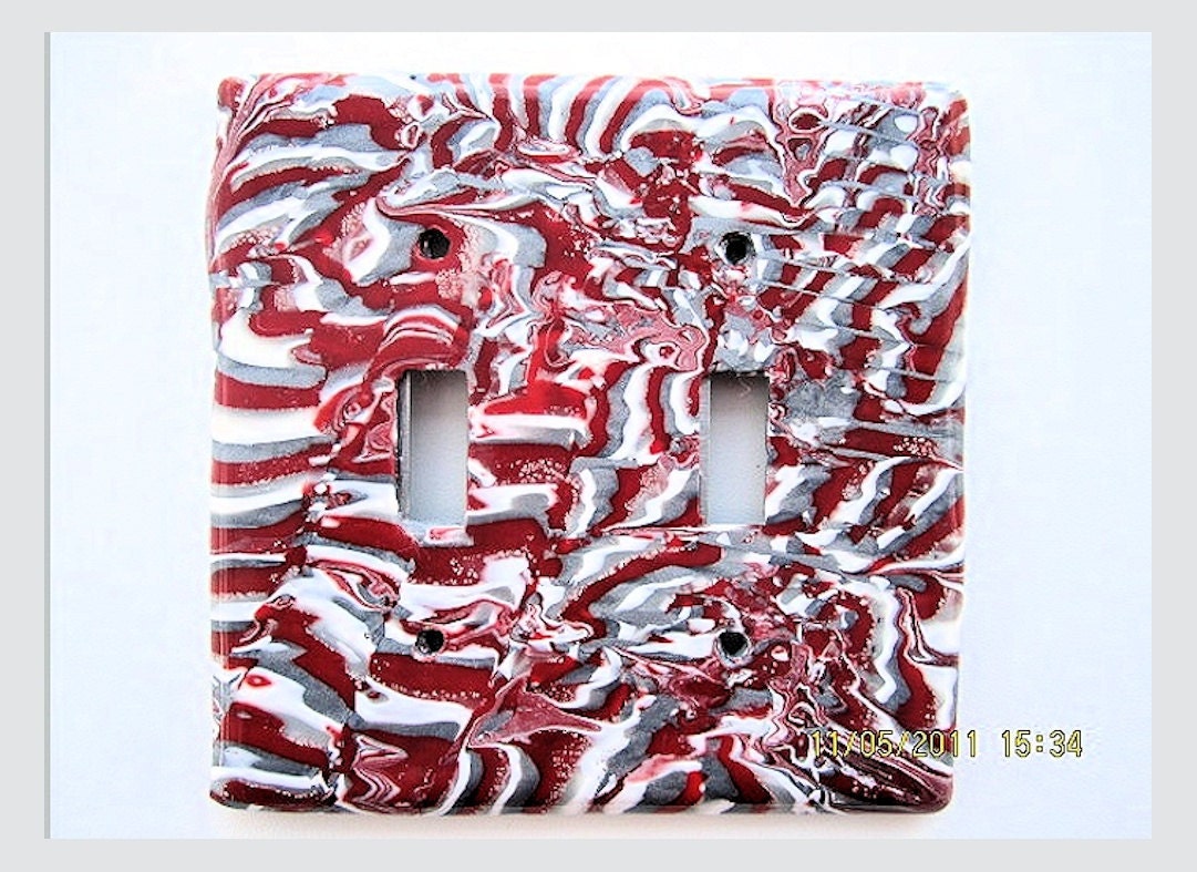 Double Switchplate in Red, White and Silver, Toggle Switch Plate