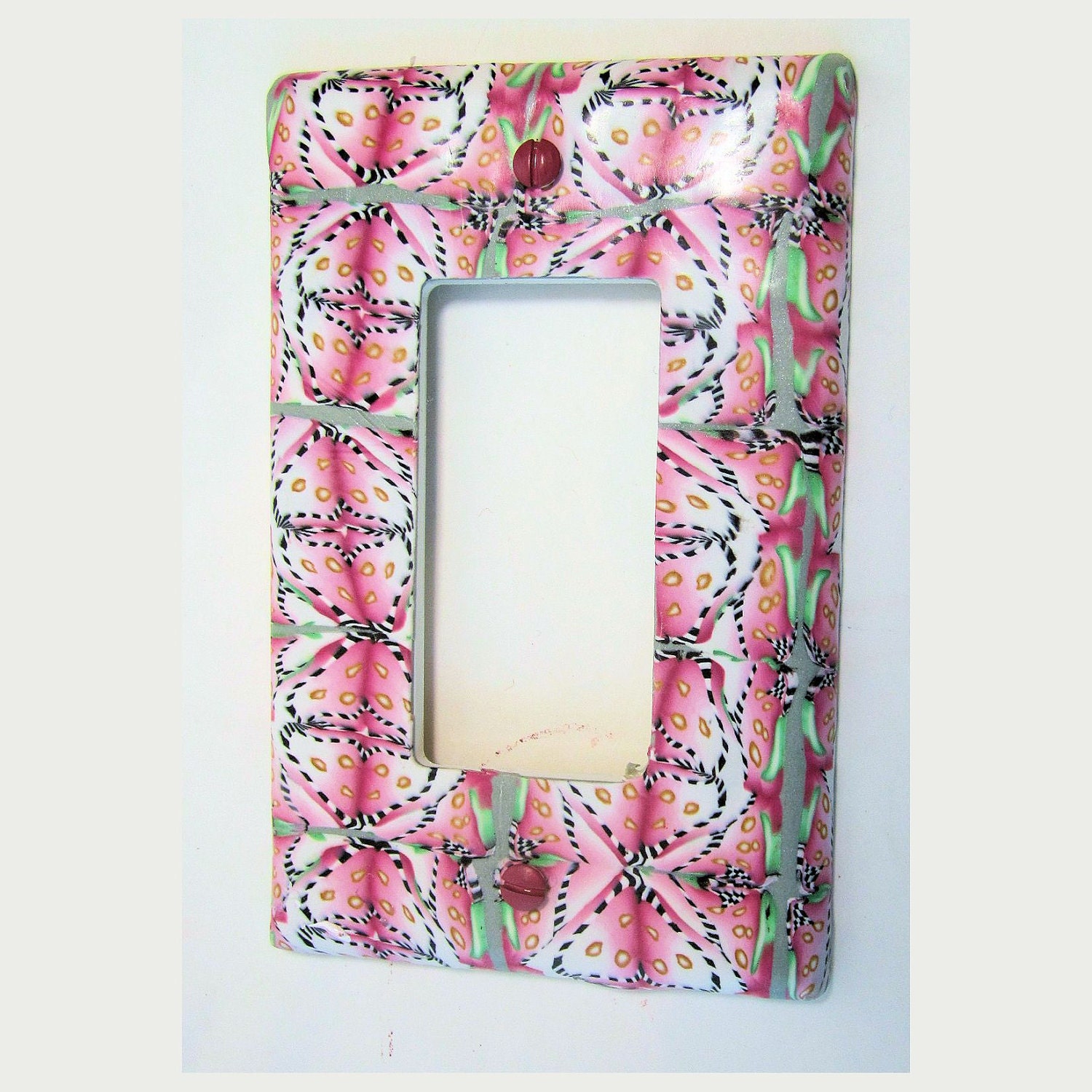 Single Rocker Switch Plate, Pink and Green with White and Black Accents, Victorian in Style