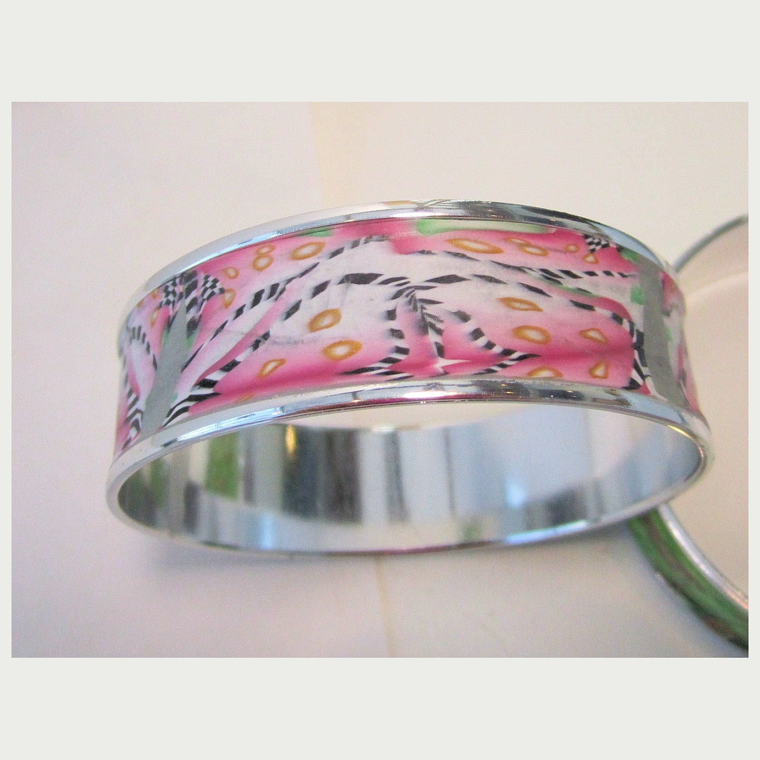 Bangle Bracelet, Cuff Bracelet, Polymer Clay, Pink and Green Abstract Design