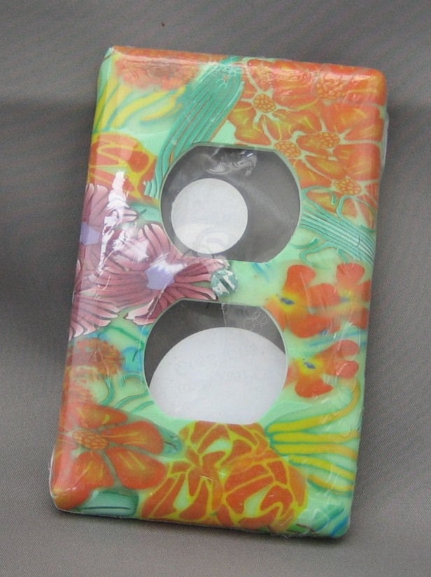 Flowered Outlet Plate, Electric Plugs Cover in Orange and Green