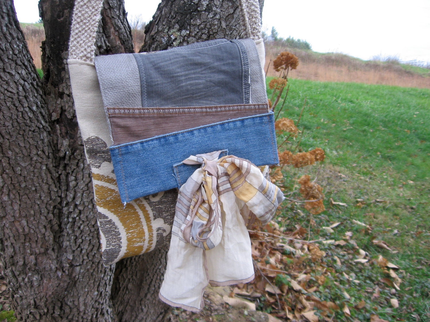 Repurposed Purse with Hand Knit Scarf Strap