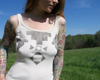 Upcycled Clothing Ribbed Tank Top - Bird Geometric Print - Hand Printed Shirt