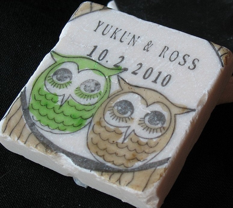 Cozy Owls Save the Date Magnets, Wedding Favors, Apple Green and Brown, Set of 40