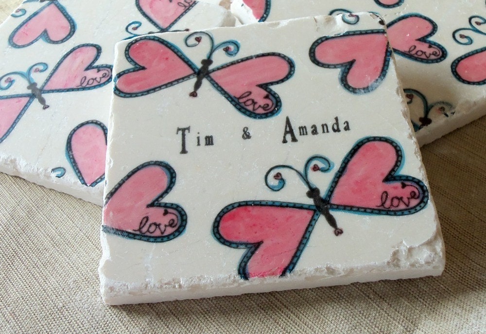 Personalized Coasters, Heart Butterfly , Set of 4
