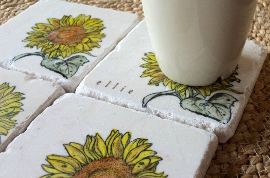 Personalized Sunflower Tile Coasters, Set of 4
