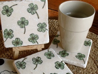 Lucky Green Irish Shamrock Absorbent Tile Coasters, Set of 4