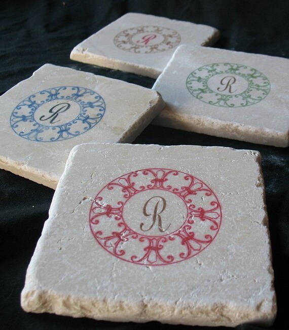 Green Monogram Fleur de Lis Circular Coasters, Set of 4