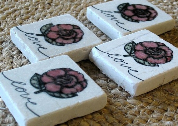 Antique Rose Love Tile Magnets, Set of 4, Ready to Ship