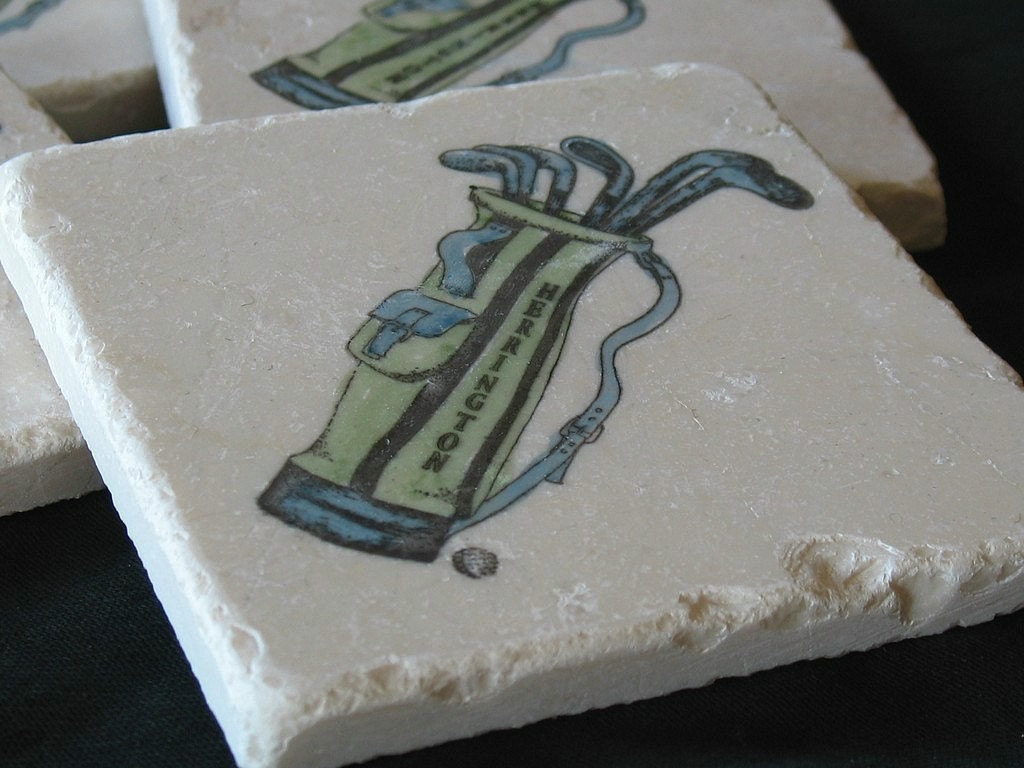 Personalized Golf Bag Tile Coasters, Set of 4
