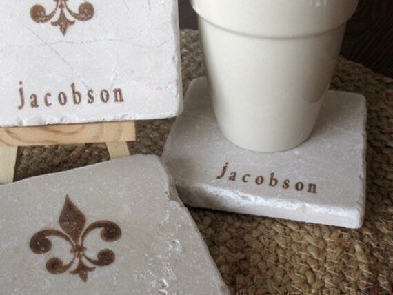 Tile Drink Coasters, Personalized Fleur de Lis, Set of 4