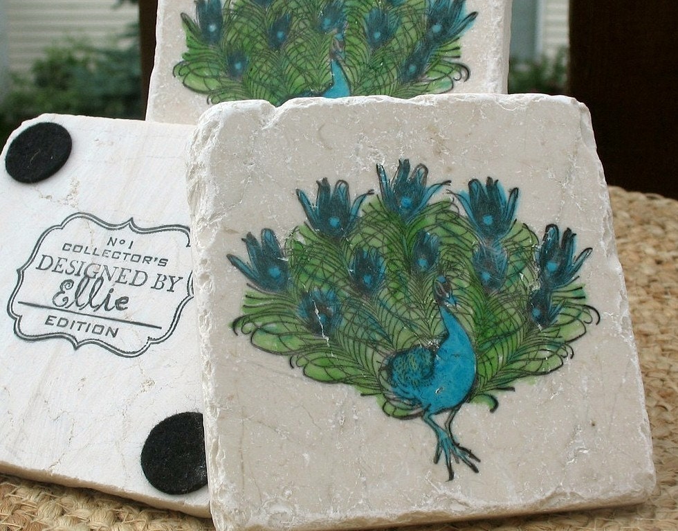 Peacock Coasters, Set of 4, Ready to Ship