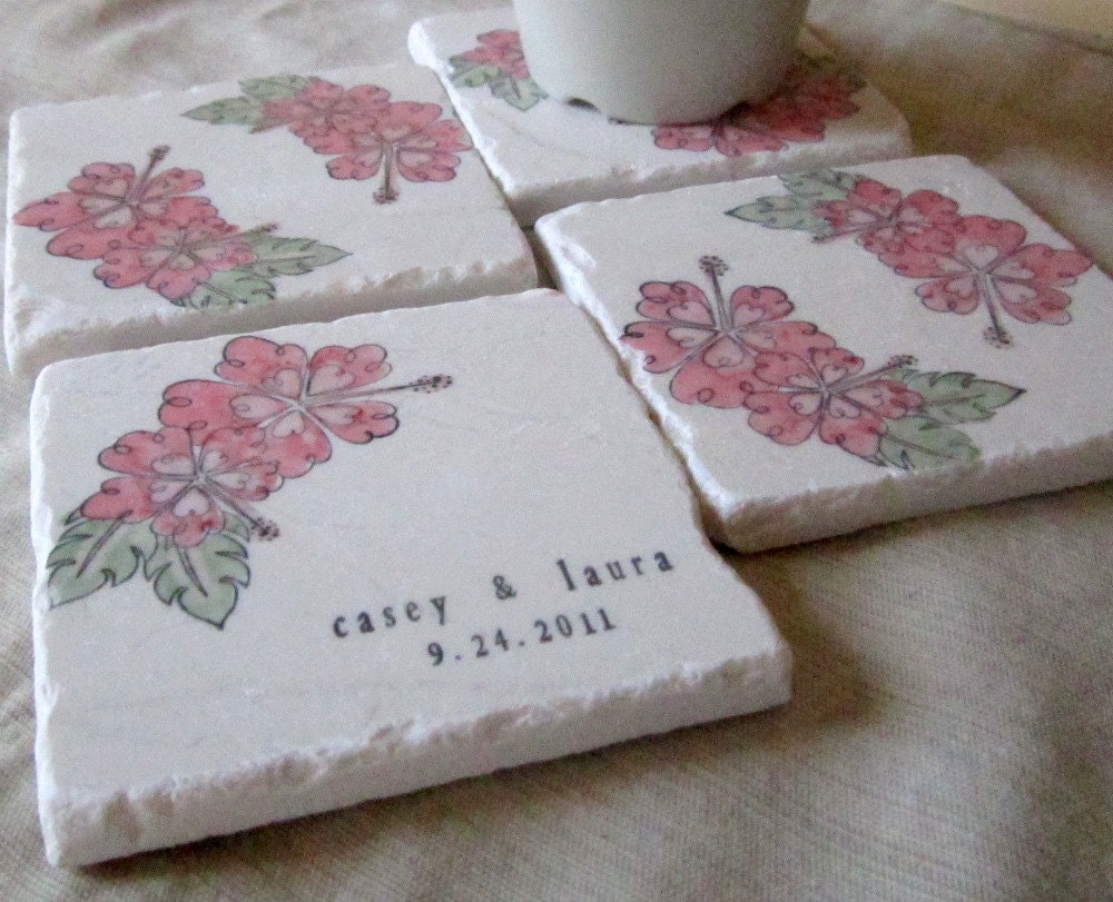 Personalized Hawaiian Coasters, Pink Hibiscus, Set of 4