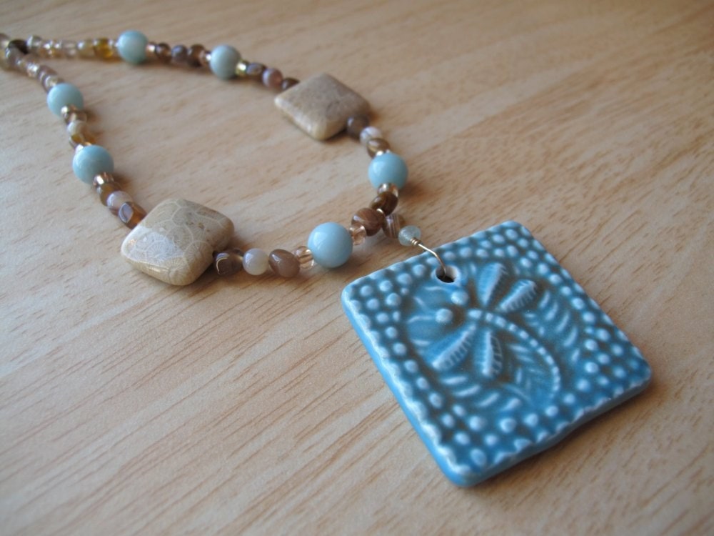 Clearance DRAGONFLY Necklace with Petoski Stone and Amazonite