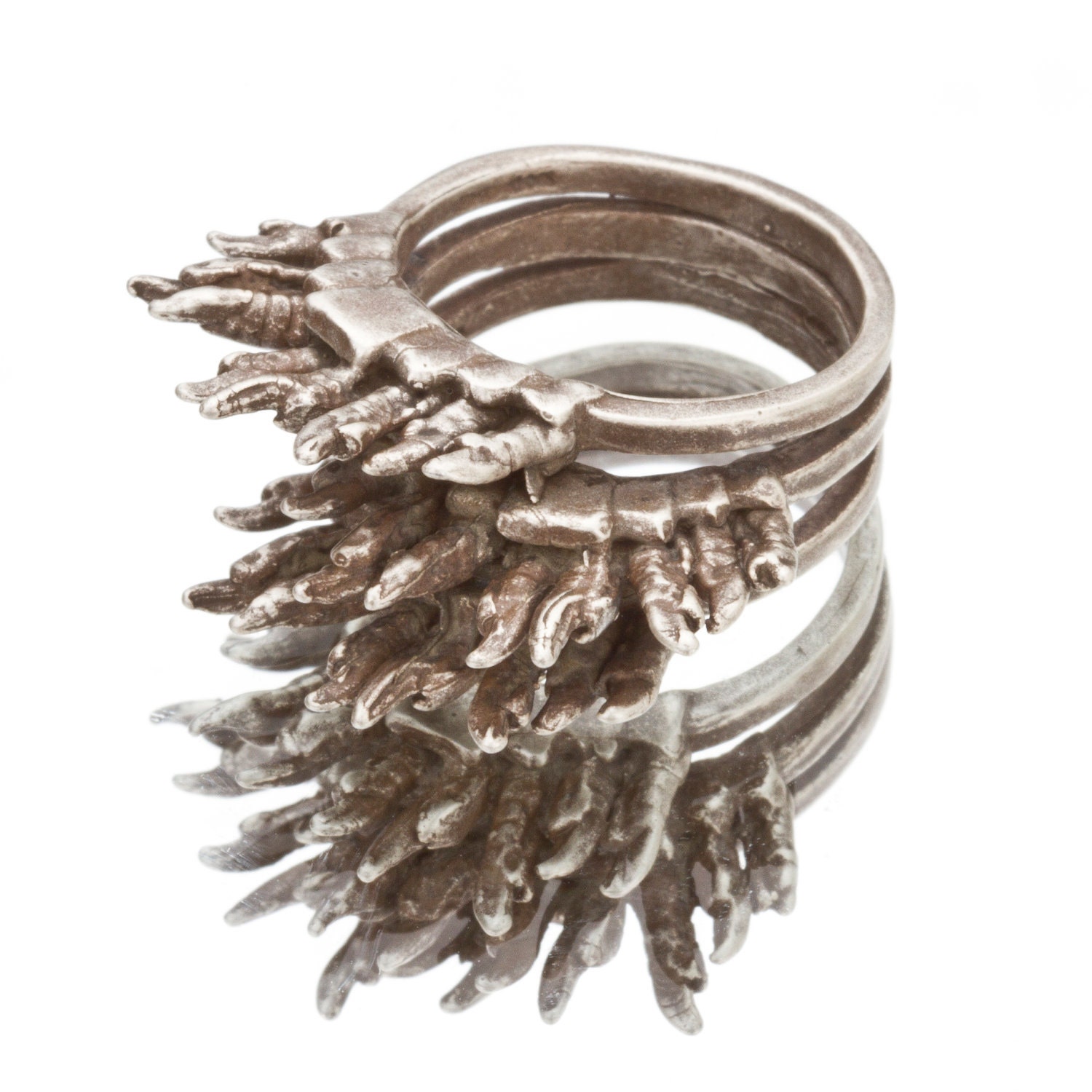 TRIPLE Asymmetrical Stack Ring - Bird Toe Cascade in ANTIQUE SILVER