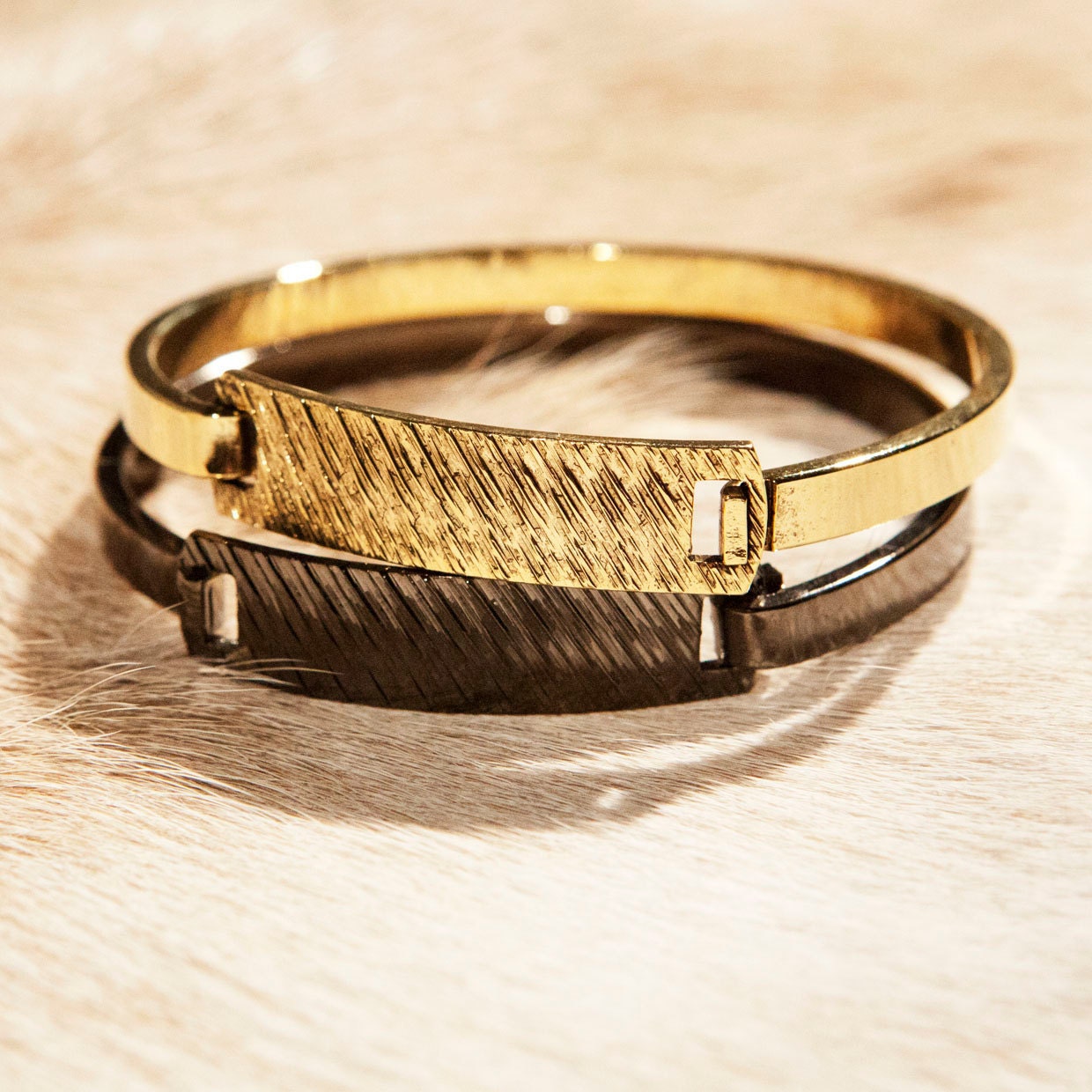 BRACELET SET -  2 textured ID-style texture-toped bracelets - Unisex Gunmetal and Gold