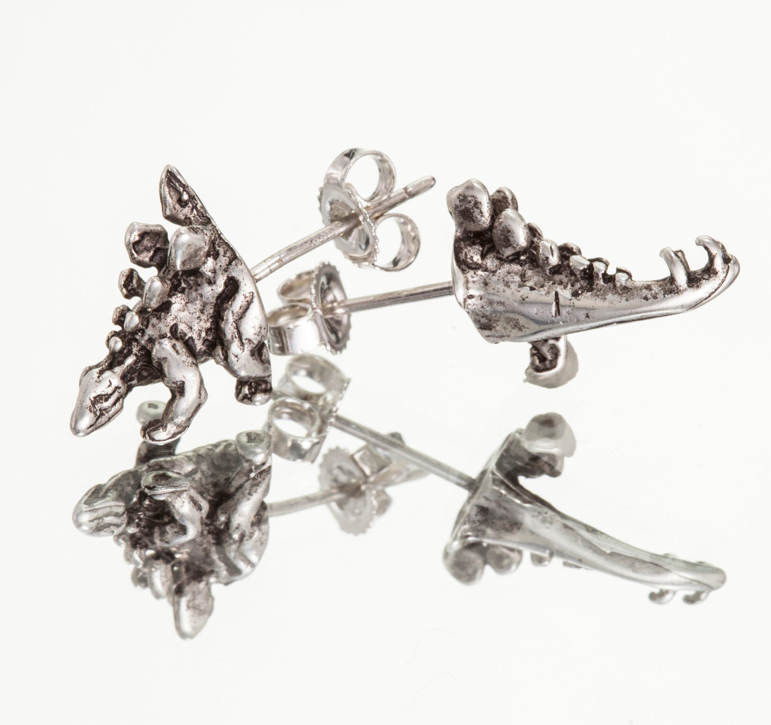 STEGOSAURUS HALFSIES - Dinosaur Stud Earrings in Antique Silver