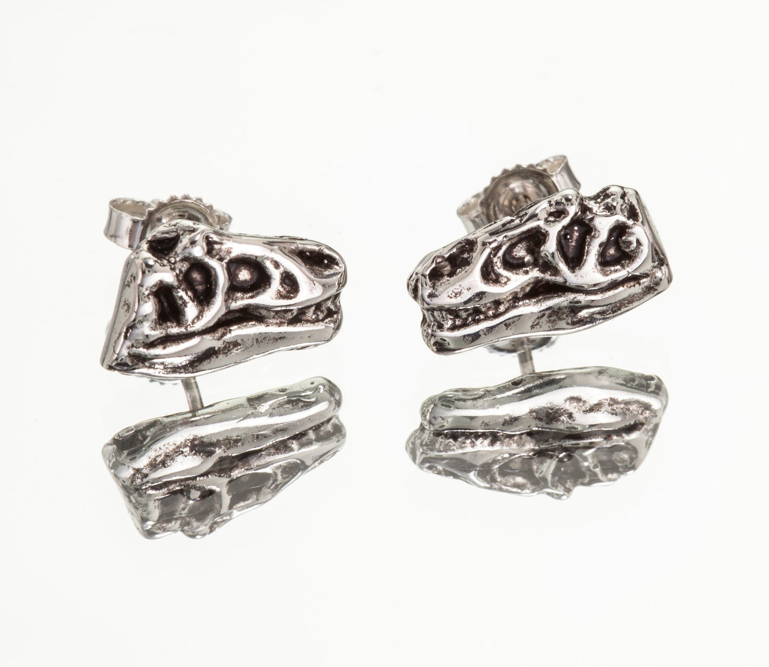 TYRANNOSAURUS FLATS - Dinosaur TREX Stud Earrings / Unisex - Antique Silver