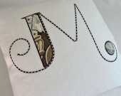 Custom Designed Monogram Embroidered Linen Pillow with Print Appliqué