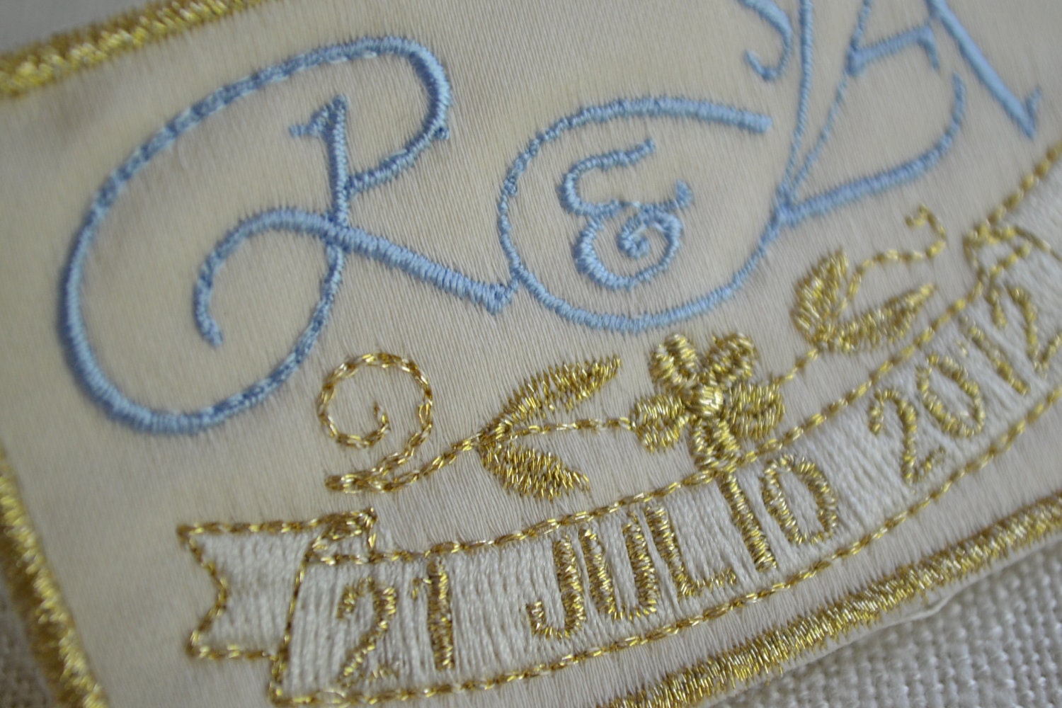 Custom Embroidered Wedding Dress Label French Silk Satin, Light blue with Gold Thread