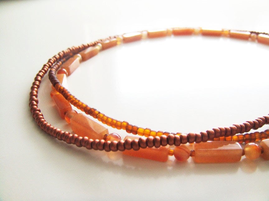 Triple Strands Necklaces Set 2 - Orange Aventurine, Carnelian, Czech Glass