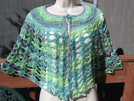 Crocheted Knit Turquoise, Green and Purple Cotton Blend Spring Summer Capelet Free US Shipping