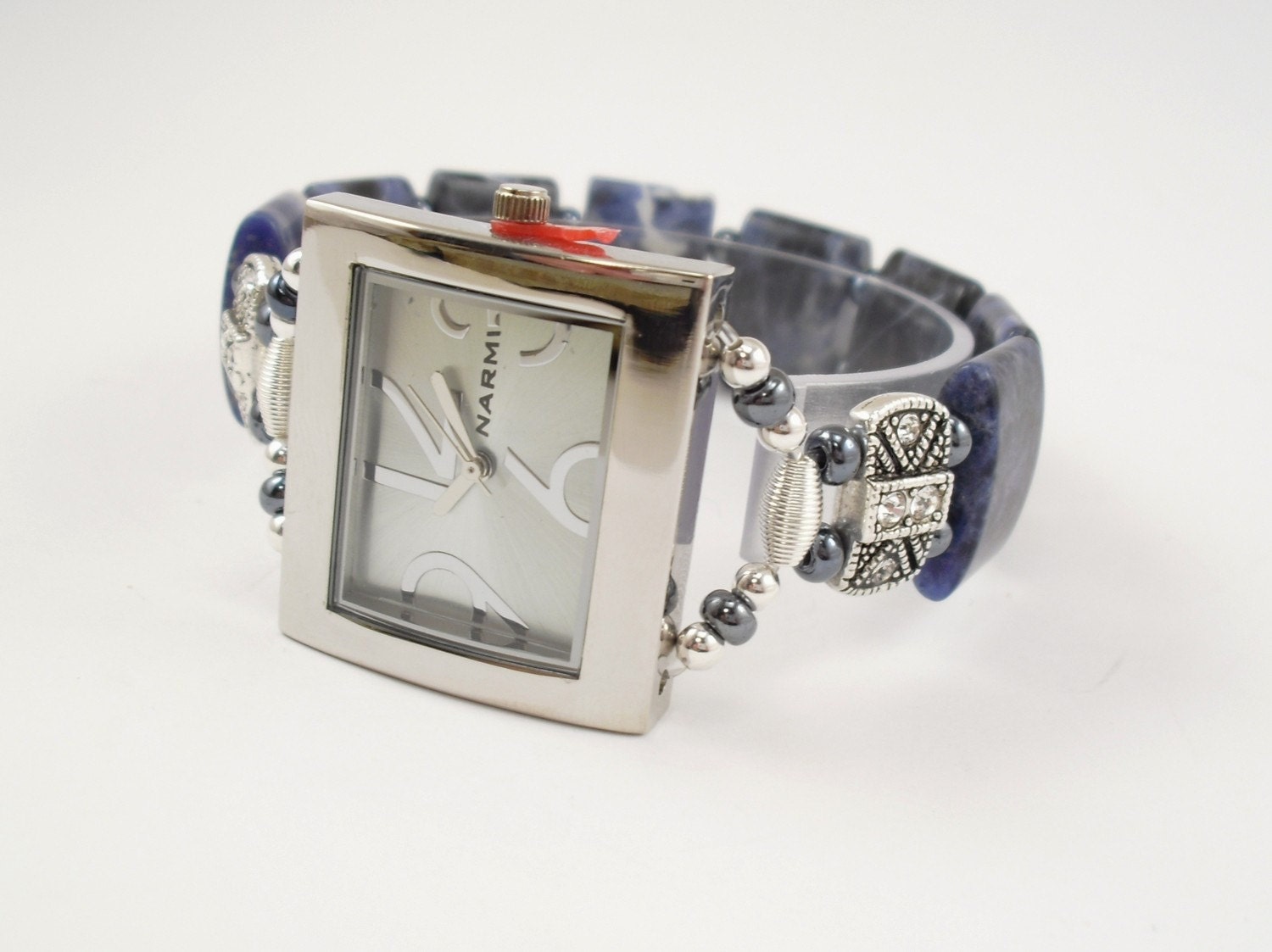 Beaded Bracelet Watch - Sodalite Stretchy Band Watch with Swarovski Crystal Accents