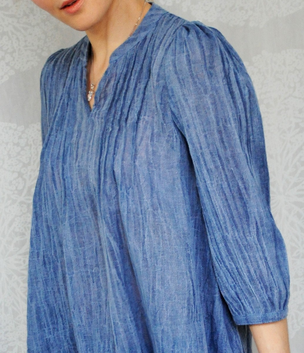 Organic Cotton blouse hand dyed indigo blue in all sizes, immediate delivery