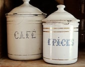 vintage French enamelware tins, cafÃ© (coffee) Ã©pices (spices), white with blue type, gold stripes - AtticAntics