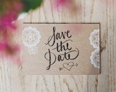 Lace-printed Chipboard Save the Date Postcard with Hand Lettered Text SAMPLE