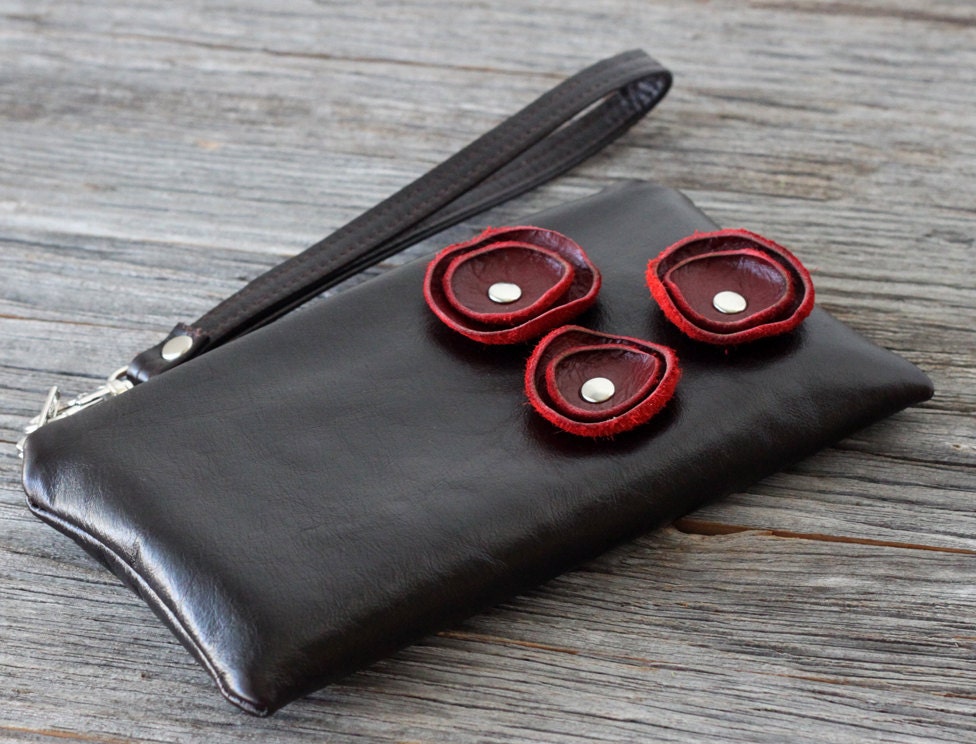 LAST ONE - Leather Wristlet Wallet with detachable strap - Deep Red Poppies on Dark Chocolate